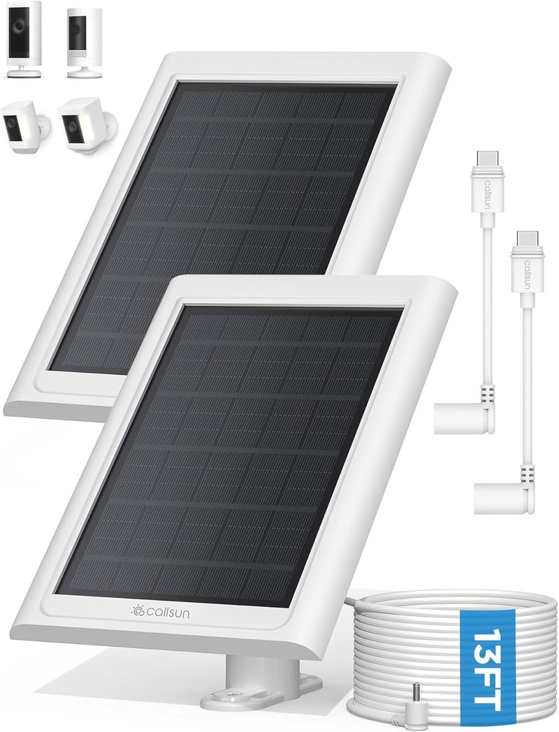 Callsun Solar Panel for Ring Camera – Compatible with Ring Stick Up Cam Battery/Pro and Spotlight Cam Battery/Plus/Pro, Solar Charger with 13FT Cable, IP68 Waterproof, DC & USB-C Adapter 2 Pack (White) - Image 1